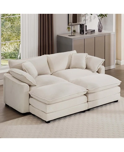 Streamdale Furniture Corduroy Two-Seater Sofa with 2 Footrests/Ottoman, Light Beige