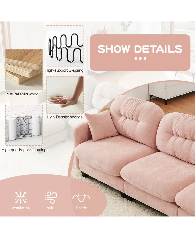 Streamdale Furniture Three-Seater Modular Sectional Couch, Soft Chenille, Pink