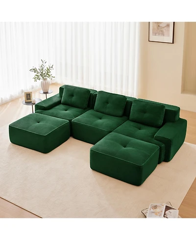 Streamdale Furniture Streamdale Modern U-Shaped Corduroy Sectional Sofa with Ottoman, Green
