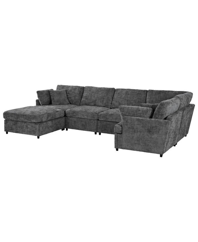 Streamdale Furniture U-Shaped Sectional Sofa with Movable Ottoman, 6-Piece Chenille Set
