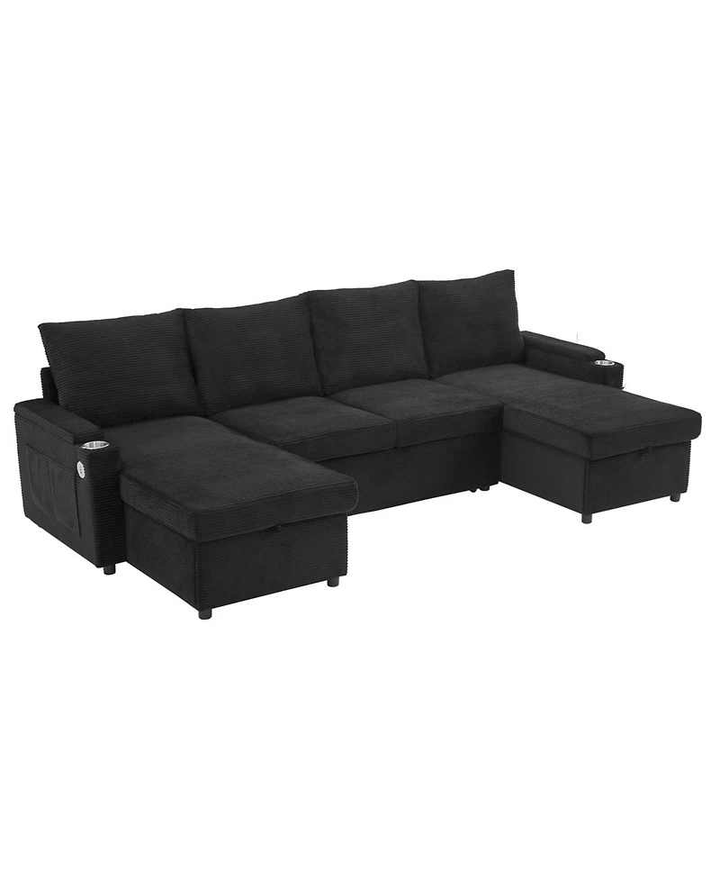 Streamdale Furniture Convertible U-Shaped Sectional Sofa with Storage, Cup Holders & Usb Ports, Black