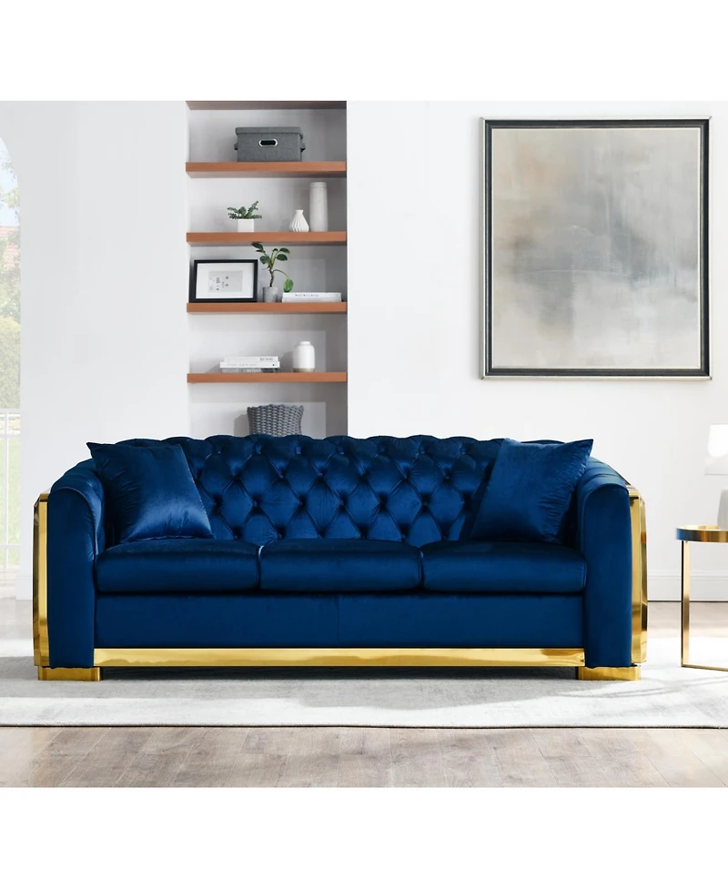 Streamdale Luxury Velvet Chesterfield Sofa Set, Tufted 3 Seat Couch with Gold Stainless, Navy Blue