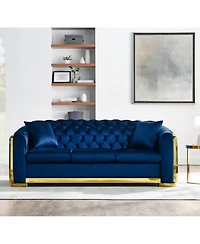 Streamdale Luxury Velvet Chesterfield Sofa Set, Tufted 3 Seat Couch with Gold Stainless, Navy Blue