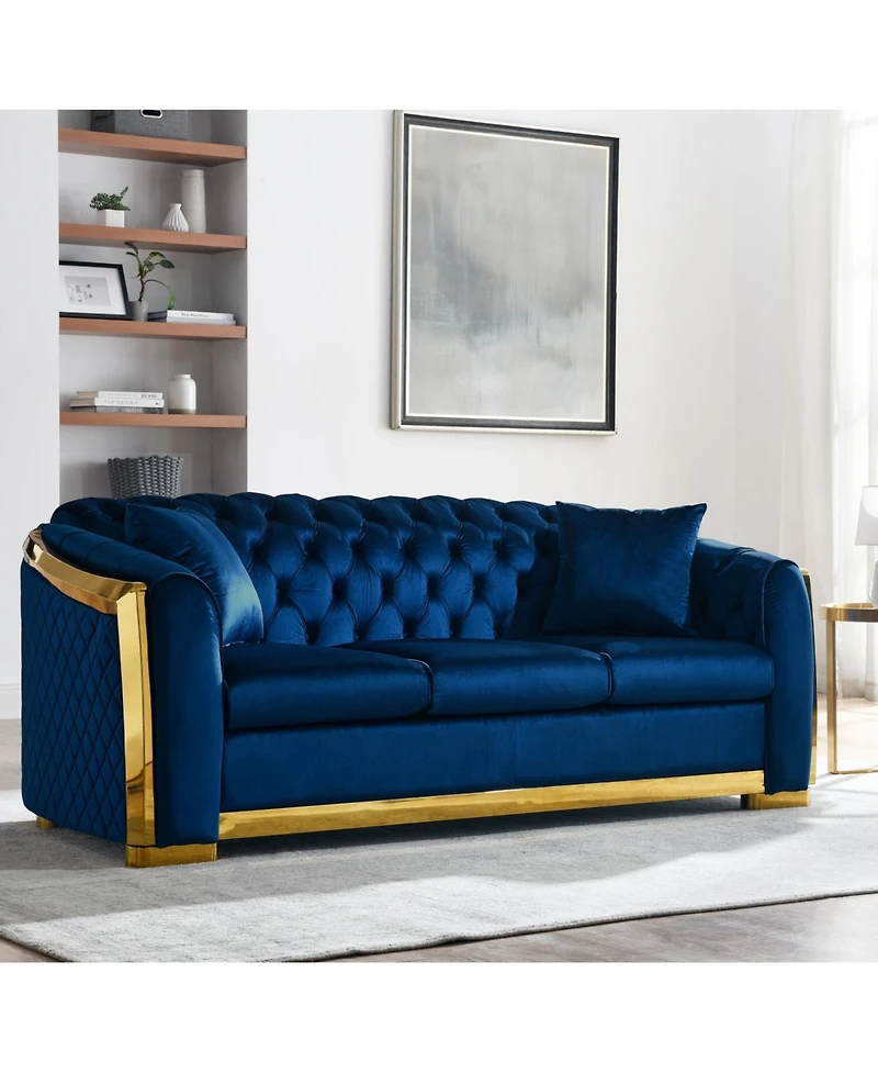 Streamdale Luxury Velvet Chesterfield Sofa Set, Tufted 3 Seat Couch with Gold Stainless, Navy Blue
