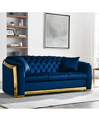 Streamdale Luxury Velvet Chesterfield Sofa Set, Tufted 3 Seat Couch with Gold Stainless, Navy Blue