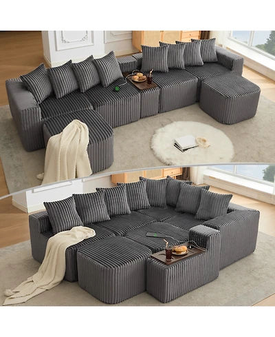 Streamdale Furniture Streamdale U-Shaped Sofa, Usb/Wireless Charge, Cup Holder, Movable, Gray Corduroy