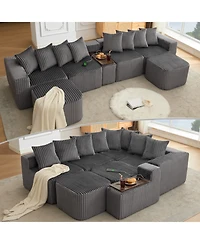 Streamdale Furniture Streamdale U-Shaped Sofa, Usb/Wireless Charge, Cup Holder, Movable, Gray Corduroy