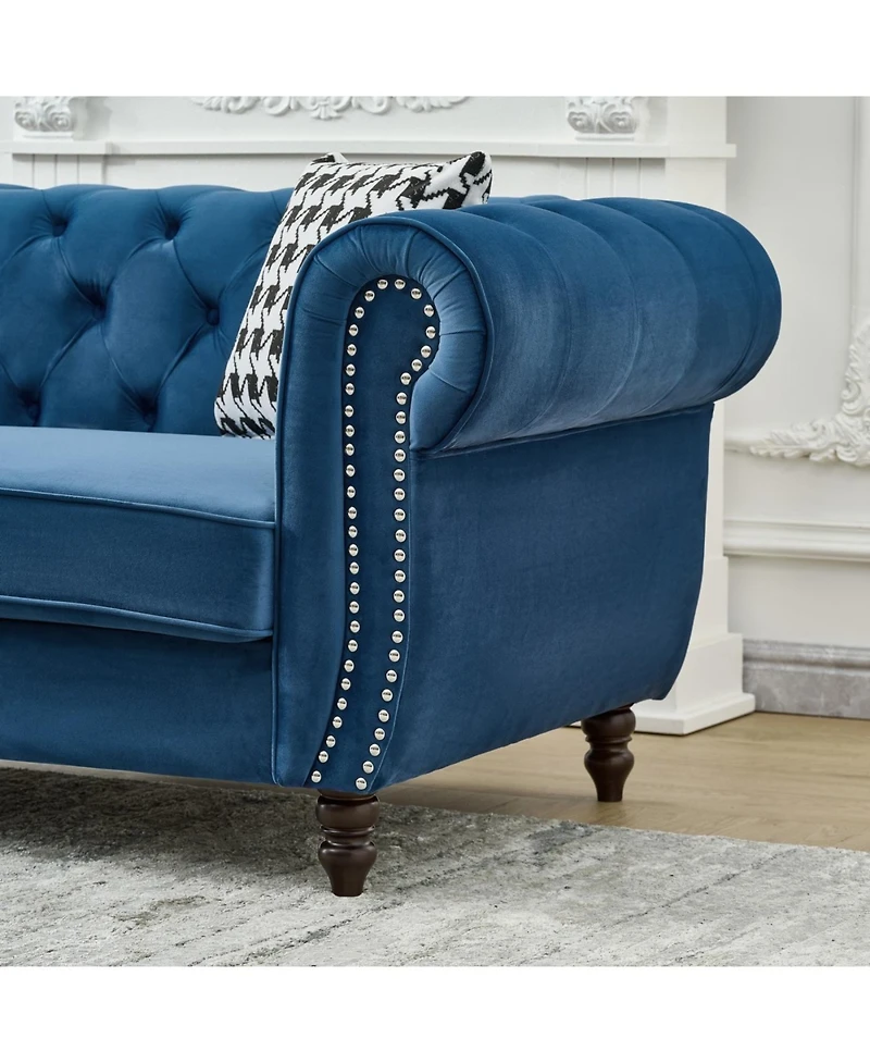 Streamdale Furniture Streamdale Blue Chesterfield Velvet Sofa with Roll Armrest & Nailhead