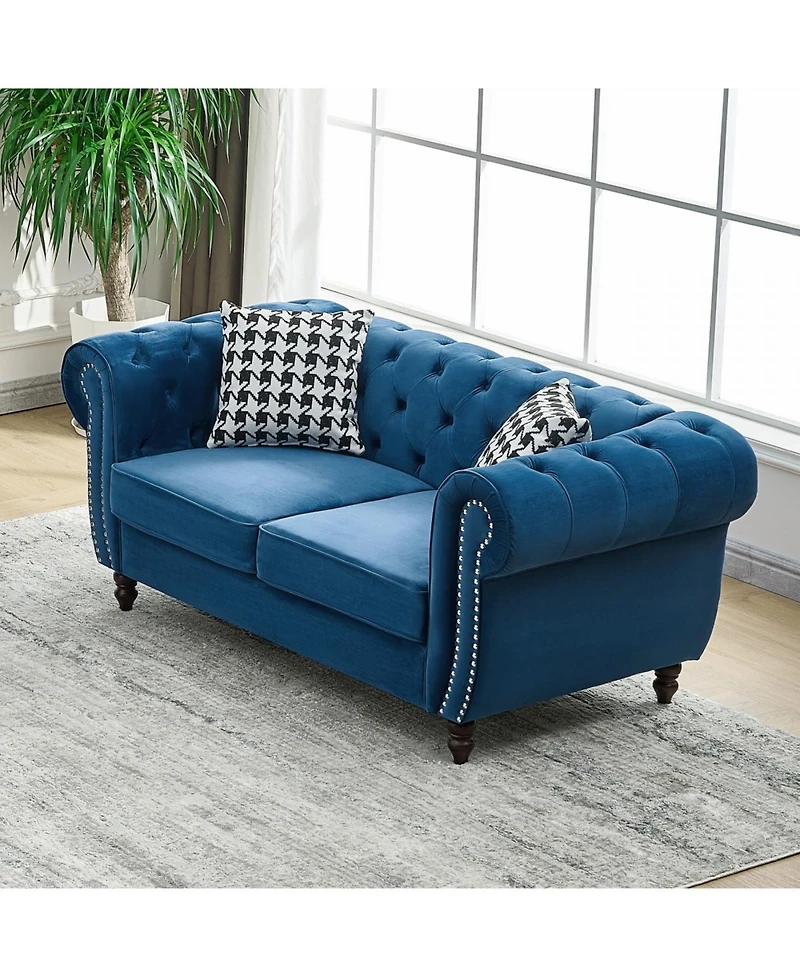 Streamdale Furniture 67" Chesterfield Velvet Sofa with Roll Armrest & Nailhead, Mid Century Modern Couch, Blue