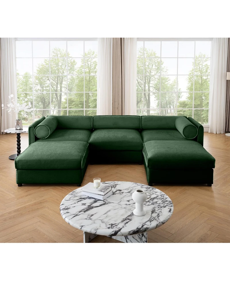 Streamdale Furniture Elegant Green Chenille U-Shaped Sofa with Storage Seat and Ottoman