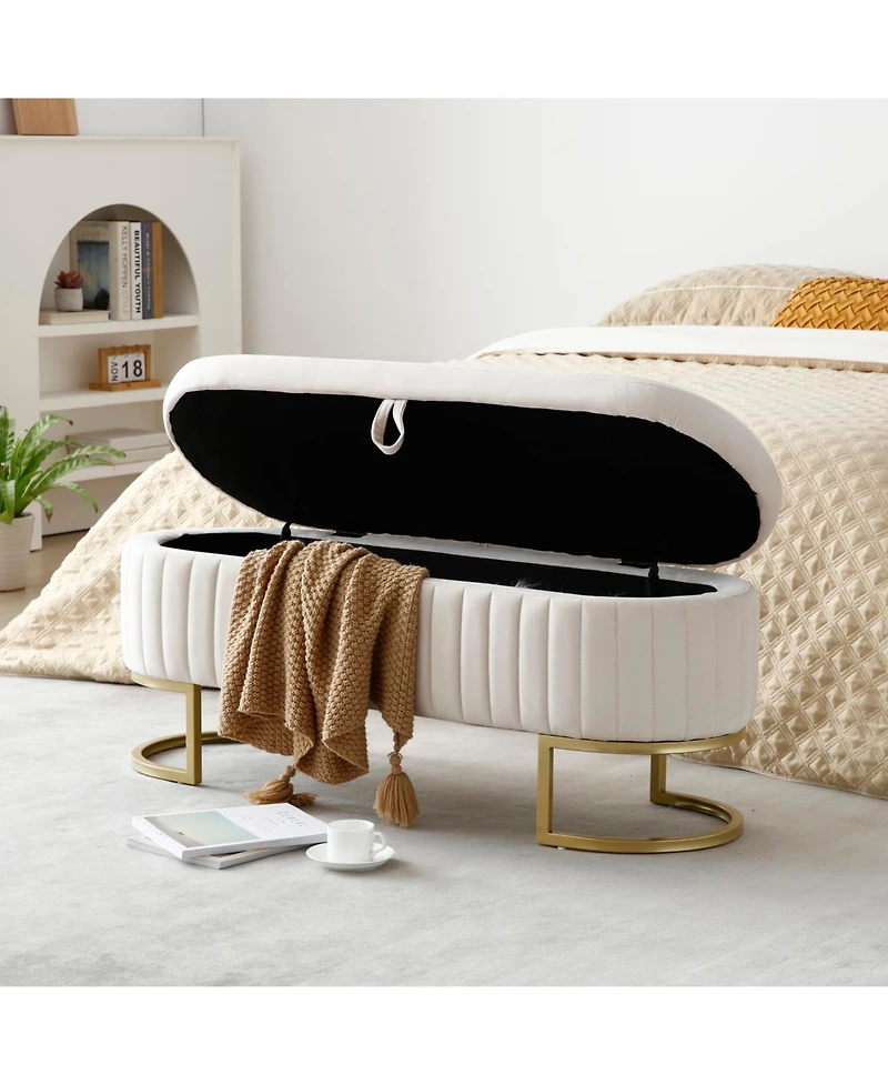 Streamdale Velvet Oval Upholstered Storage Bench with Golden Metal Legs, 50" Beige