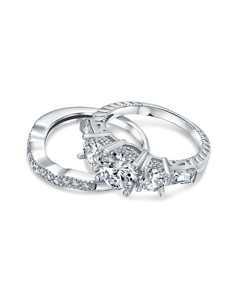 Bling Jewelry 3-Stone Cz Promise Ring Set with Baguette Side Stones Sterling Silver