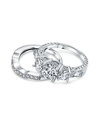 Bling Jewelry 3-Stone Cz Promise Ring Set with Baguette Side Stones Sterling Silver