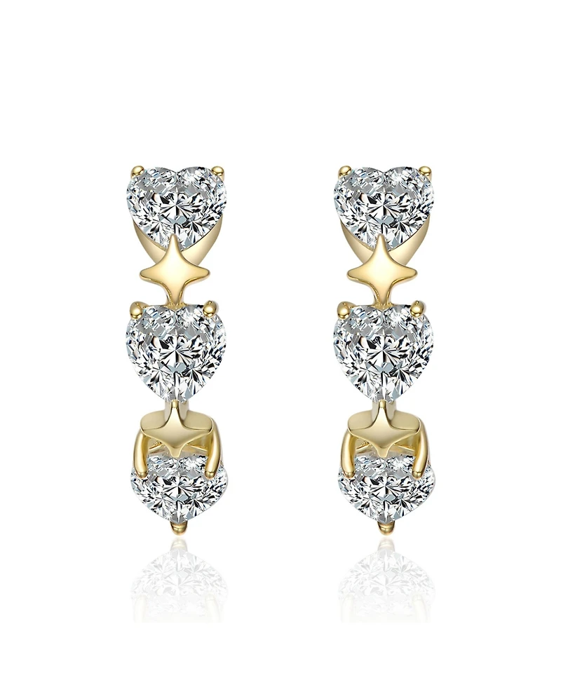 Genevive Sterling Silver 14K Gold Plated with Clear Cubic Zirconia Trio Hearts Hoop Earrings