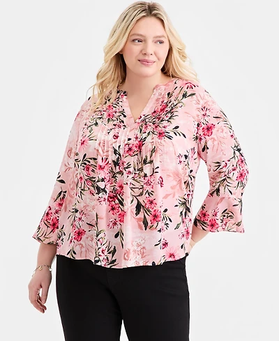 Style & Co Plus Printed Pintuck-Front 3/4-Sleeve Top, Macy's Exclusive