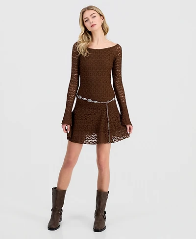 Madden Girl Juniors' Lace Long-Sleeve Mini Dress