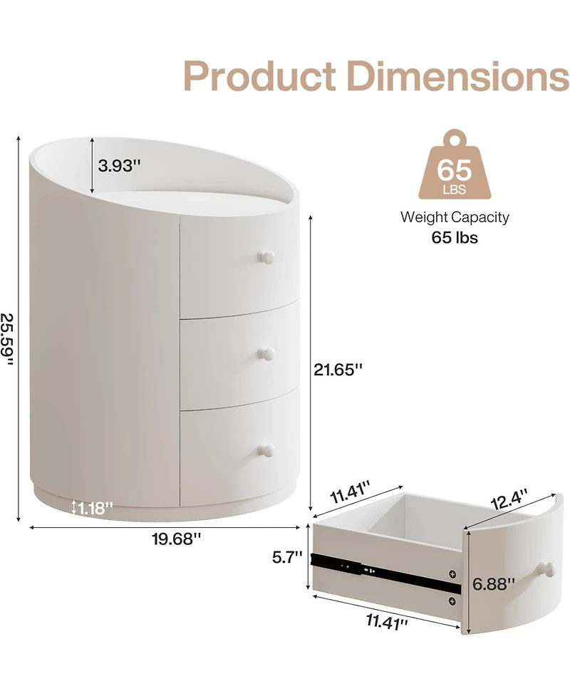 Tribesigns White Round Nightstand, Wood Bed Side Table with 3 Drawers, Fully Assembled