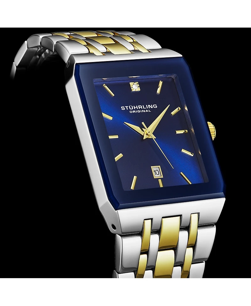 Stuhrling Empire Edge Two-Tone 4084 Rectangular Watch – Blue Dial Quartz Date Stainless Bracelet