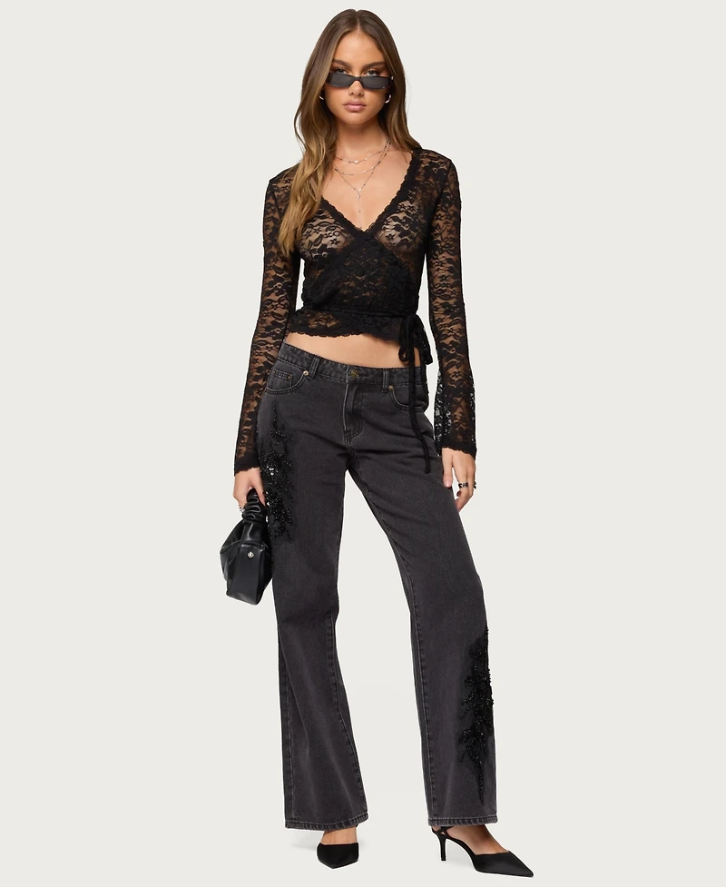 Edikted Women's Rossa Beaded Low Rise Baggy Jeans