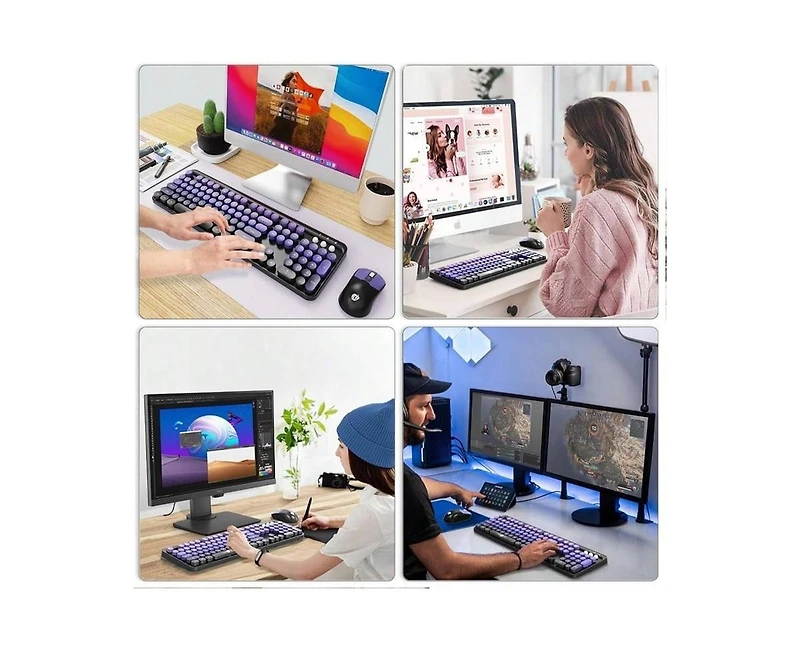 Risokeys + 2.4GHz Wireless, Quiet, Slim, Round Keys, Cute Design, Black Purple + Keyboard & Mouse Combo