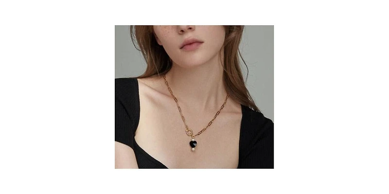 Joey Baby Gold Paperclip Chain Necklace with Black Heart and Freshwater Pearl Pendant