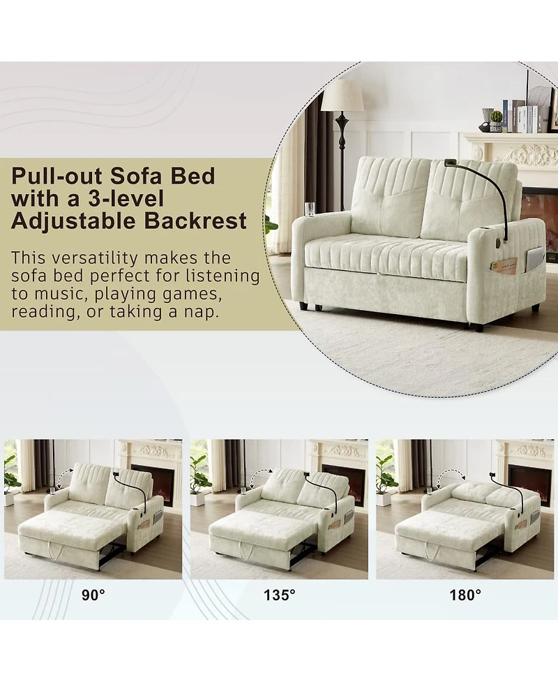 Maison Boucle 53.9" Chenille Pull-Out Sleeper Sofa with Adjustable Backrest, Usb Ports, Cup Holders & Side Storage