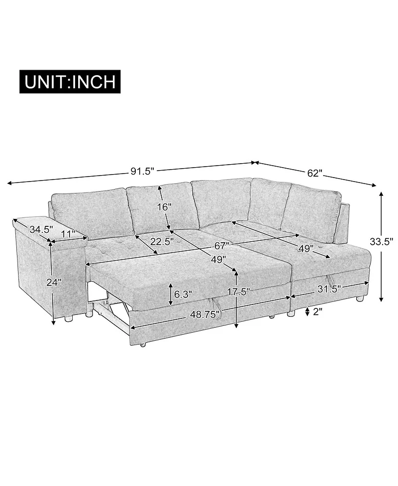 Maison Boucle 91.5" L-Shaped Sleeper Sofa with Pull-Out Bed, Chaise Storage, Tray Armrest & Side Pockets for Apartment or Living Room