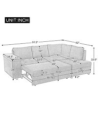 Maison Boucle 91.5" L-Shaped Sleeper Sofa with Pull-Out Bed, Chaise Storage, Tray Armrest & Side Pockets for Apartment or Living Room