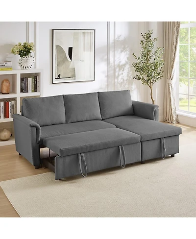 Maison Boucle 77.25" L-Shaped Corduroy Pull Out Sofa Bed with Chaise Storage, Tufted Modular Sleeper Couch Loveseat Adjustable Back