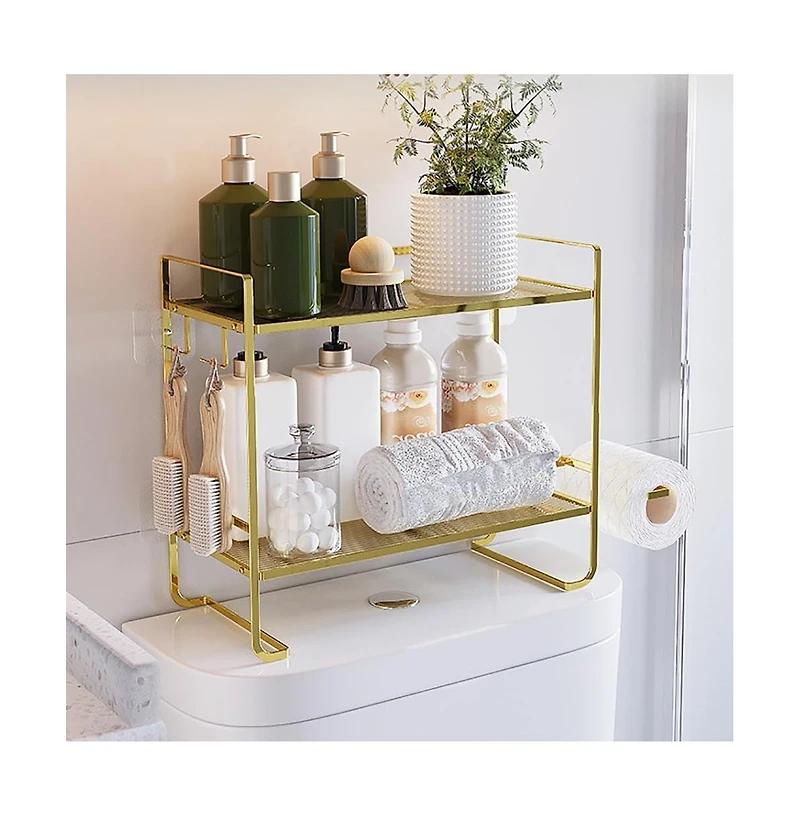 Gaomon 2-Tier Toilet Shelf w/ Paper Holder & Hooks, Metal Bathroom Organizer, Gold, 14.1"x6.3"x10.6"