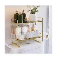 Gaomon 2-Tier Toilet Shelf w/ Paper Holder & Hooks, Metal Bathroom Organizer, Gold, 14.1"x6.3"x10.6"