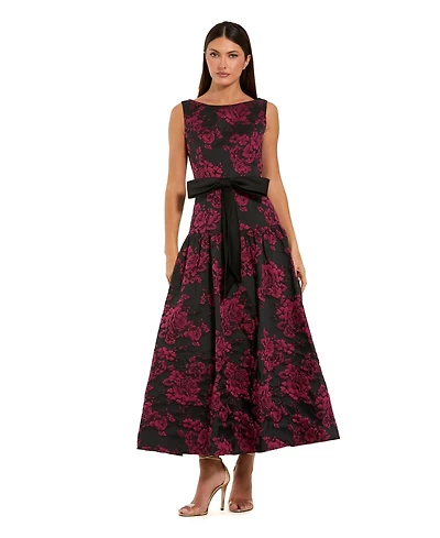Mac Duggal Women's Satin Bow Brocade Drop Waist Midi Dress