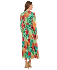 London Times Women's Shirred Surplice Bishop-Sleeve Maxi Dress
