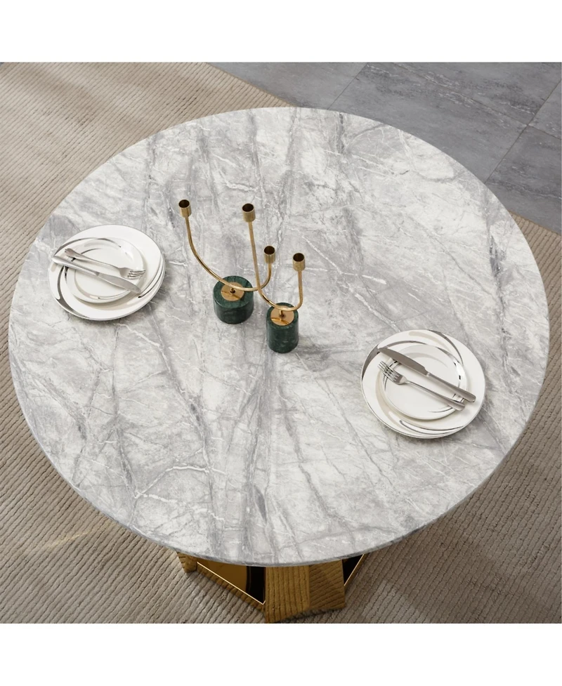 Streamdale Furniture 47" Round Marble Dining Table with Stainless Steel Base (Gold/Gray)