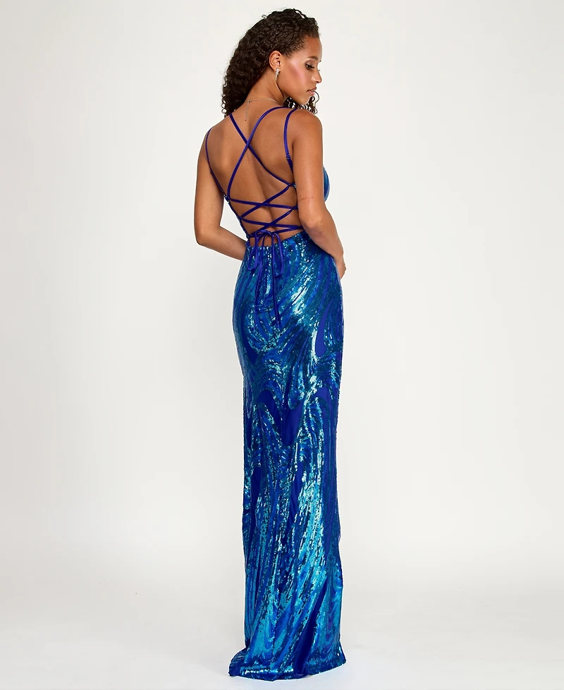 Emerald Sundae Juniors' Deep V-Neck Lace-Up Back Gown