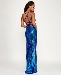 Emerald Sundae Juniors' Deep V-Neck Lace-Up Back Gown