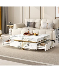 Streamdale Furniture Modern Marble Coffee Table with 4 Drawers, White, 43.3