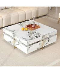 Streamdale Furniture Modern Marble Coffee Table with 4 Drawers, White, 43.3