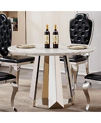 Streamdale Furniture 47" Round Marble Dining Table with Stainless Steel Base (Silver, White