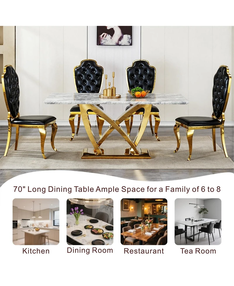 Streamdale Furniture Marble Dining Table for 6, 70" Rectangle Faux Marble w/ Mirrored Stainless Steel Base (Gold, Gray