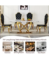 Streamdale Furniture Marble Dining Table for 6, 70" Rectangle Faux Marble w/ Mirrored Stainless Steel Base (Gold, Gray
