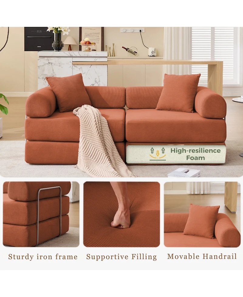 Streamdale Furniture Modular Sofa Bed for Apartments, Convertible, Removable Armrests, Orange