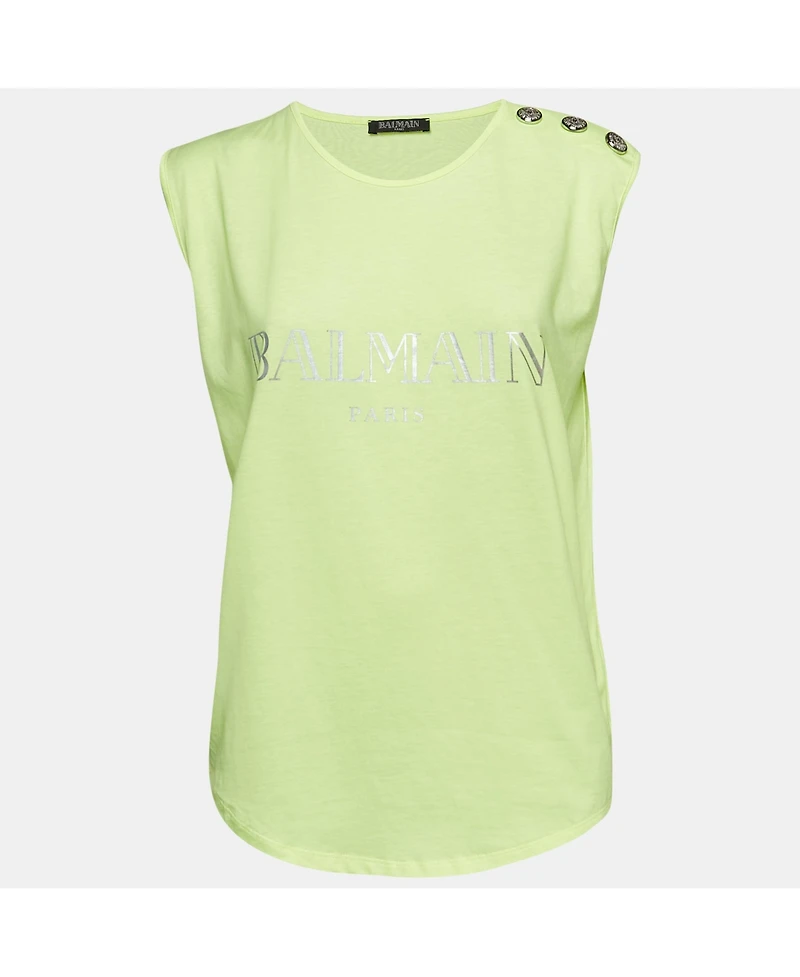 Pre-Owned Balmain Women's Fluorescent Green Logo Print Jersey Sleeveless T-Shirt
