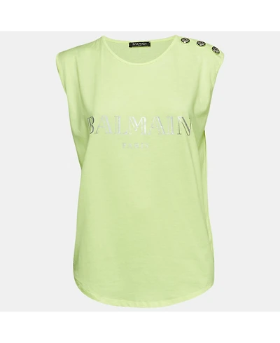 Pre-Owned Balmain Women's Fluorescent Green Logo Print Jersey Sleeveless T-Shirt