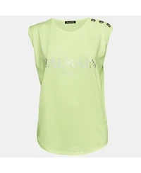 Pre-Owned Balmain Women's Fluorescent Green Logo Print Jersey Sleeveless T-Shirt