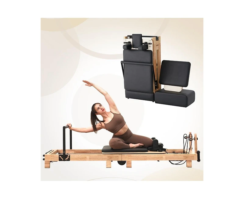 Mikolo Wooden Foldable Pilates Reformer Machine with Springs, Pilates Machines for Home Use and Studio, Pilates Equipment with Sitting Box
