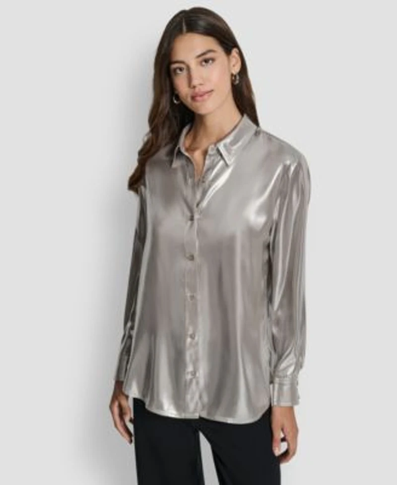 Dkny Jeans Womens Button Front Long Sleeve Blouse