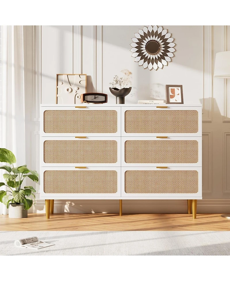 Gaomon Rattan 6 Drawer Dresser for Bedroom, Long Double Chest with Deep Drawers and Wide Top for Living Room or Kids Room