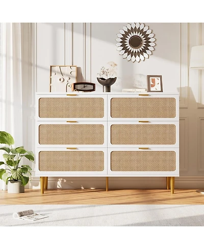 Gaomon Rattan 6 Drawer Dresser for Bedroom, Long Double Chest with Deep Drawers and Wide Top for Living Room or Kids Room