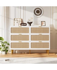 Gaomon Rattan 6 Drawer Dresser for Bedroom, Long Double Chest with Deep Drawers and Wide Top for Living Room or Kids Room